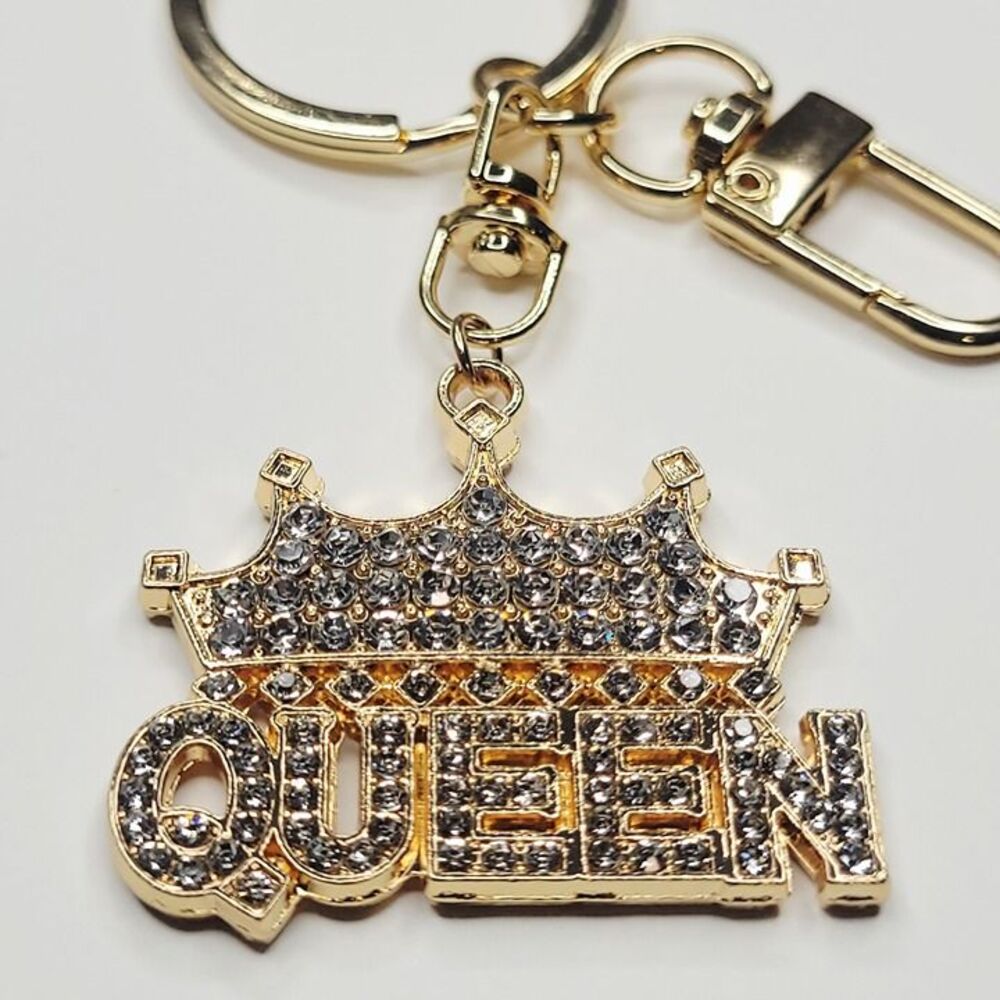Bling Queen Crown Gold Metal Keychain Purse Charm Sparkling Rhinestones